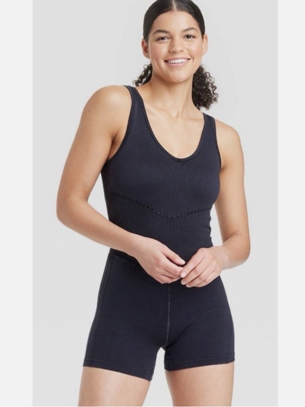 JoyLab Black Charcoal Gray Ribbed Tank Romper Bodysuit Size Medium NWT